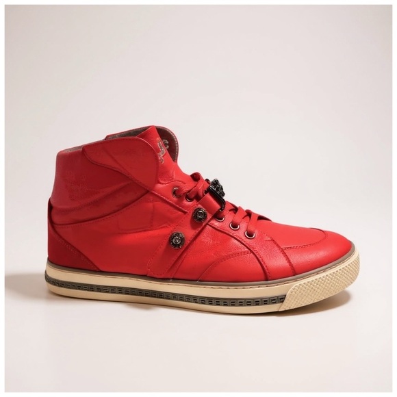 Versace Men's ‘Medusa’ High-Top Leather Sneakers w/ Hardware. Red, White. US 9 - Picture 5 of 13